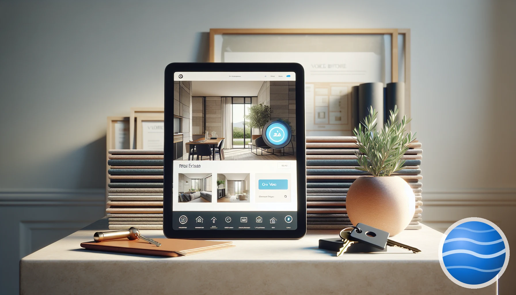 A tablet on a stone tabletop showing a real estate listing page with property thumbnails and a small blue Spelo voice button