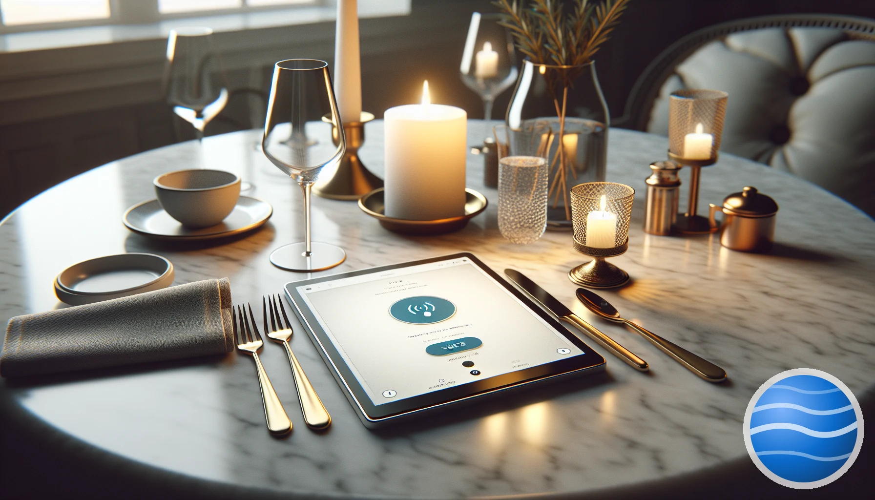 A marble restaurant table at dusk with candles, wine glass, and a tablet showing a reservation page with a small blue Spelo voice button
