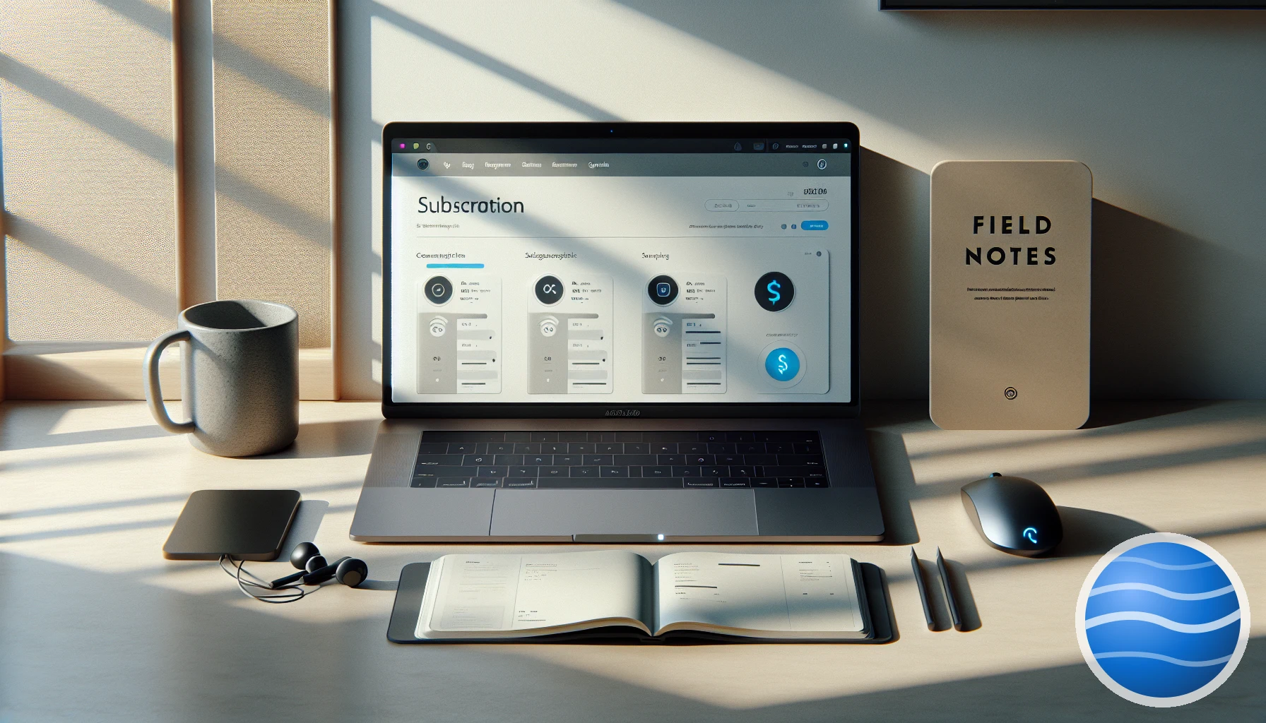 A clean modern support desk with a laptop showing a website chat widget replaced by a voice interface button
