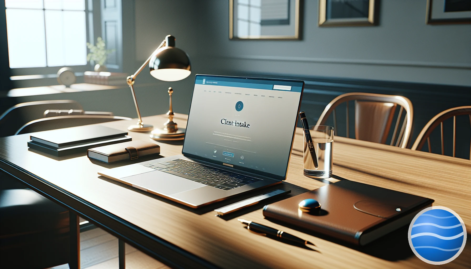 A law office desk with a brass lamp and laptop showing a client intake page, Spelo voice button in the corner