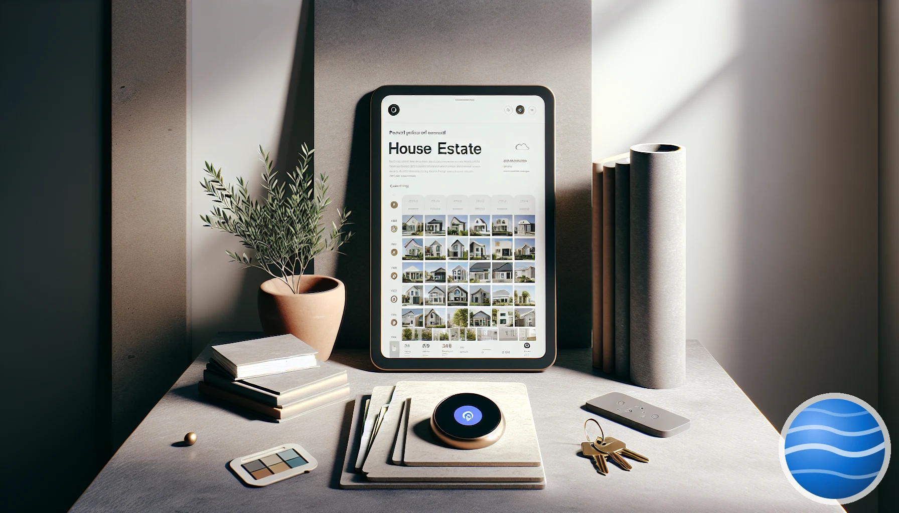 A modern apartment listing on a tablet beside architectural drawings, with a small blue Spelo voice button visible